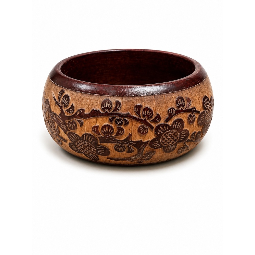 NEW Carved Wood Bangle Bracelet Floral Vine Wide Chunky Boho Statement Jewelry